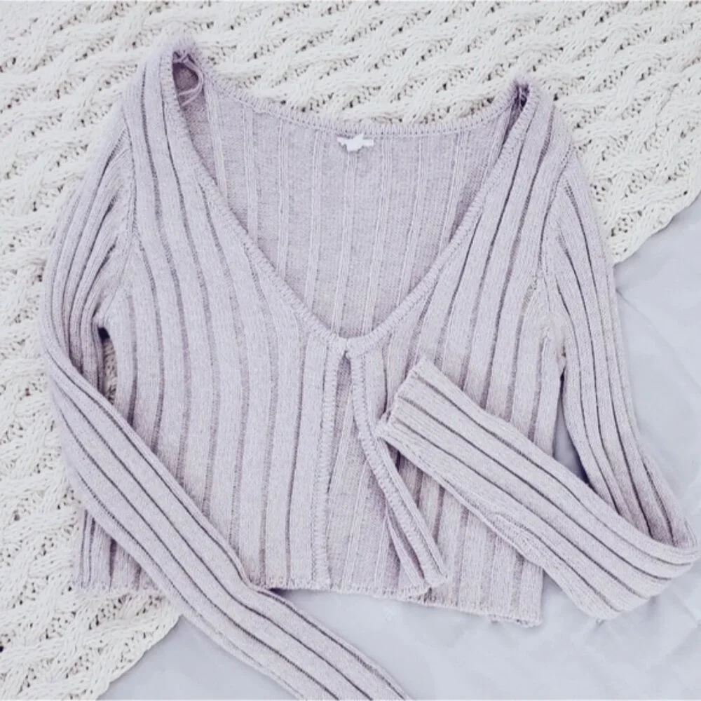 Garage Cotton Knit Ribbed Lilac Cropped Cardigan - Picture 8 of 10